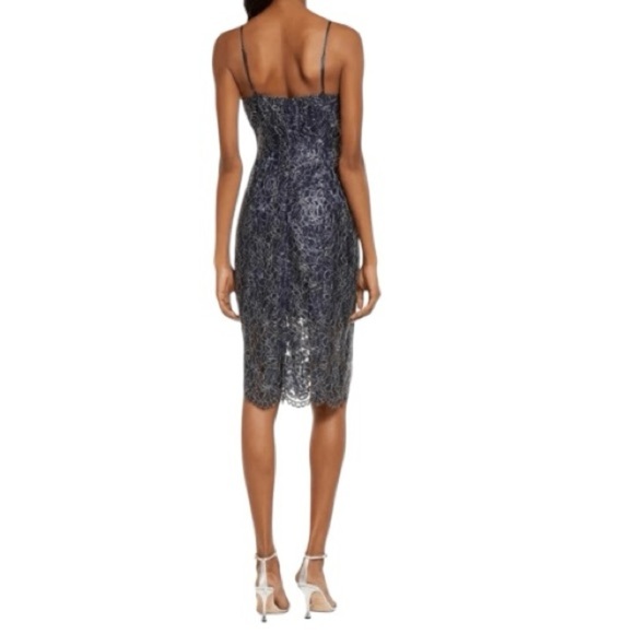 Chelsea28 Lace Dress Navy Blue Silver Sparkle Party Cocktail Midi Evening SZ M - Picture 2 of 7